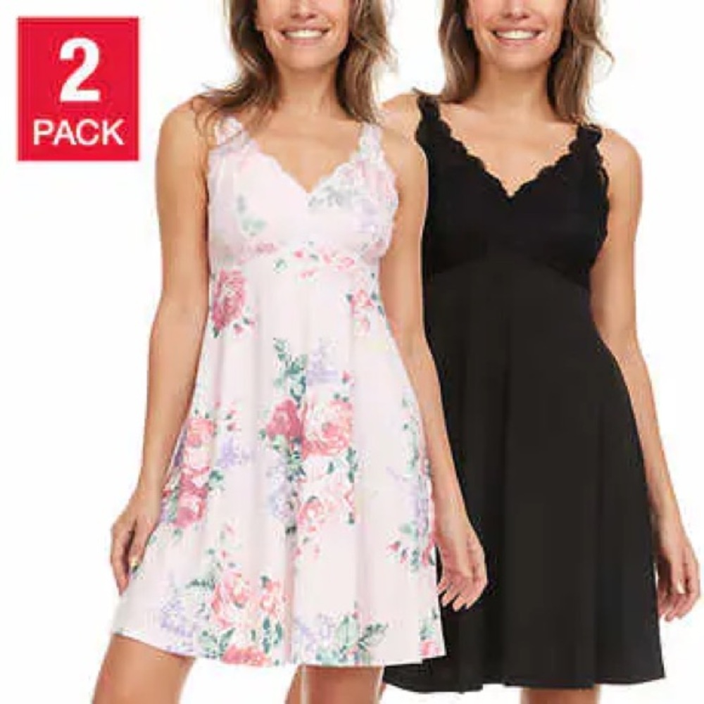 LACE CHEMISE by Flora Nikrooz 2 pack stretch microfiber M NWT pink and black